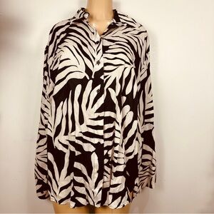 H&M Linen Tropical Tunic Blouse Sz L Long Sleeves Coverup Shirt Top
